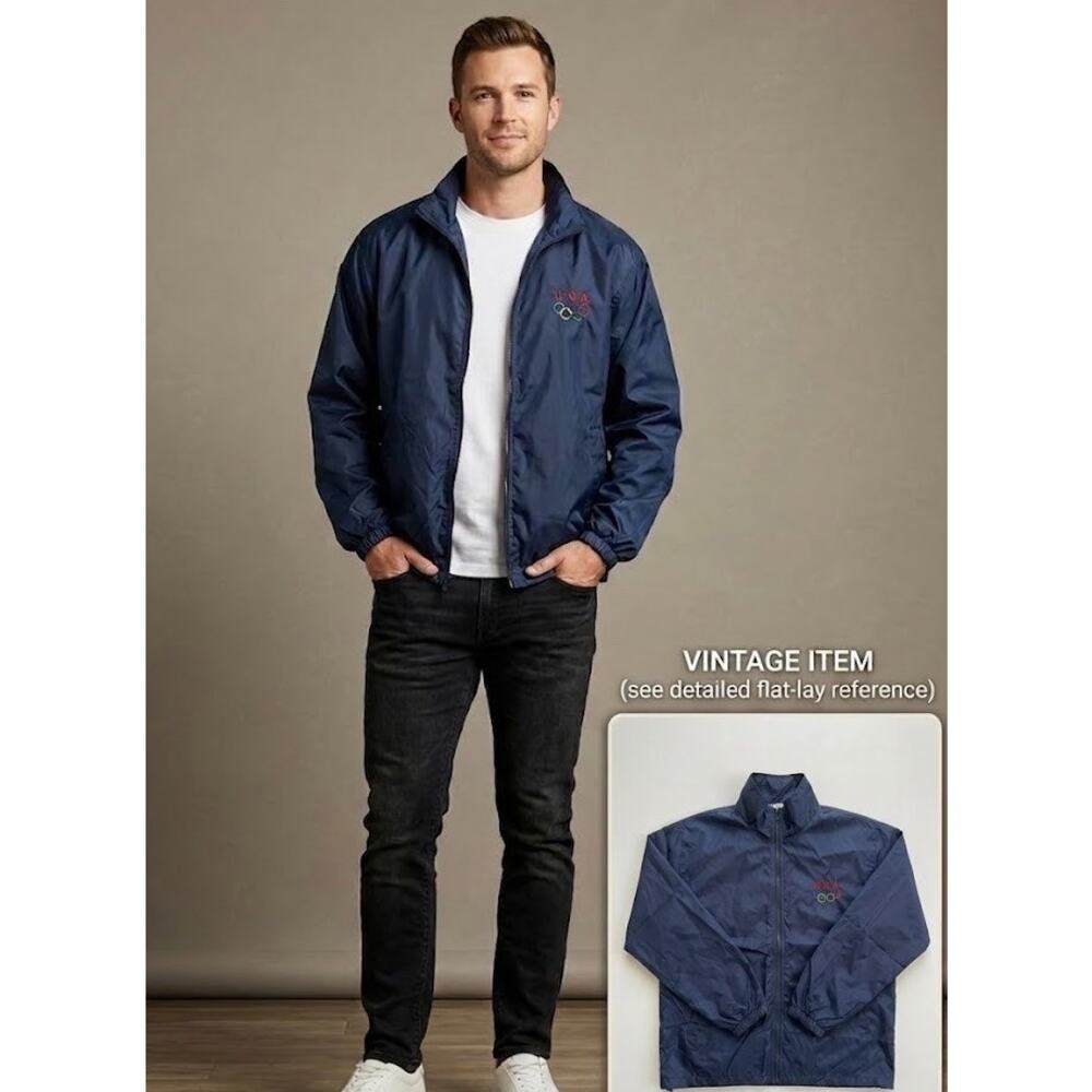 VTG Team USA Olympic Windbreaker XL Navy Blue Boxy 90s Fit 28x24.5 Blockcore